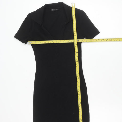 Zara Women Black S Bodycon Collared V-Neck Short Sleeve Dress