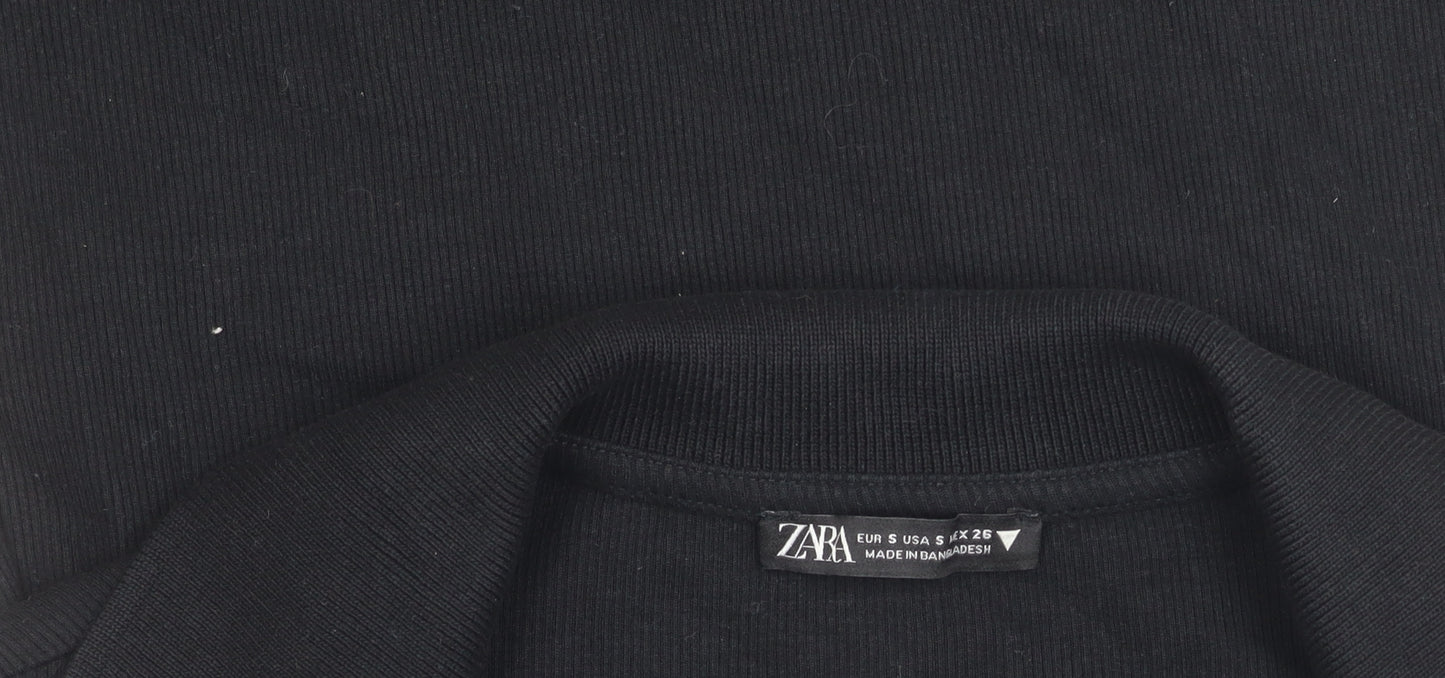 Zara Women Black S Bodycon Collared V-Neck Short Sleeve Dress