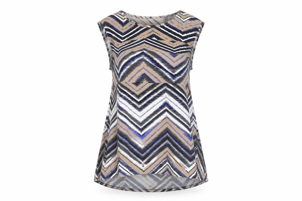 Front view of Warehouse women’s multicoloured geometric sleeveless blouse uk 12