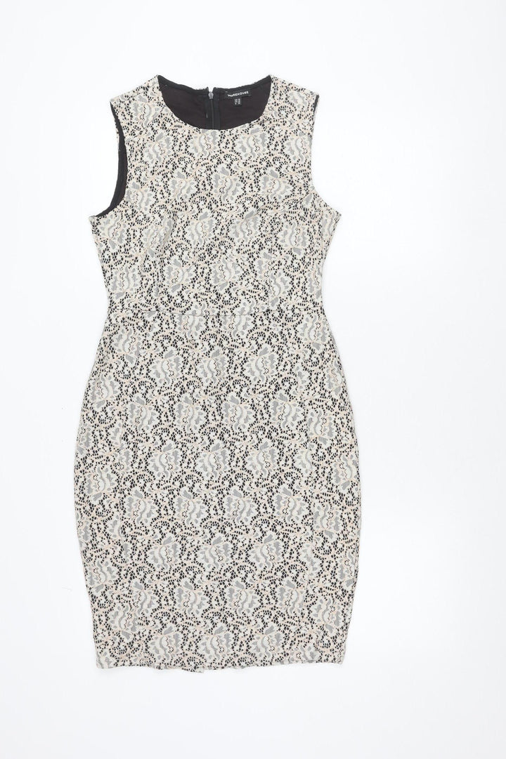 Warehouse Women’s Beige Black Lace Sheath Dress UK 10 Sleeveless