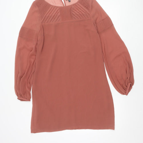 Warehouse Women’s Brown Shift Dress Size 12 Puff Sleeve Pleated