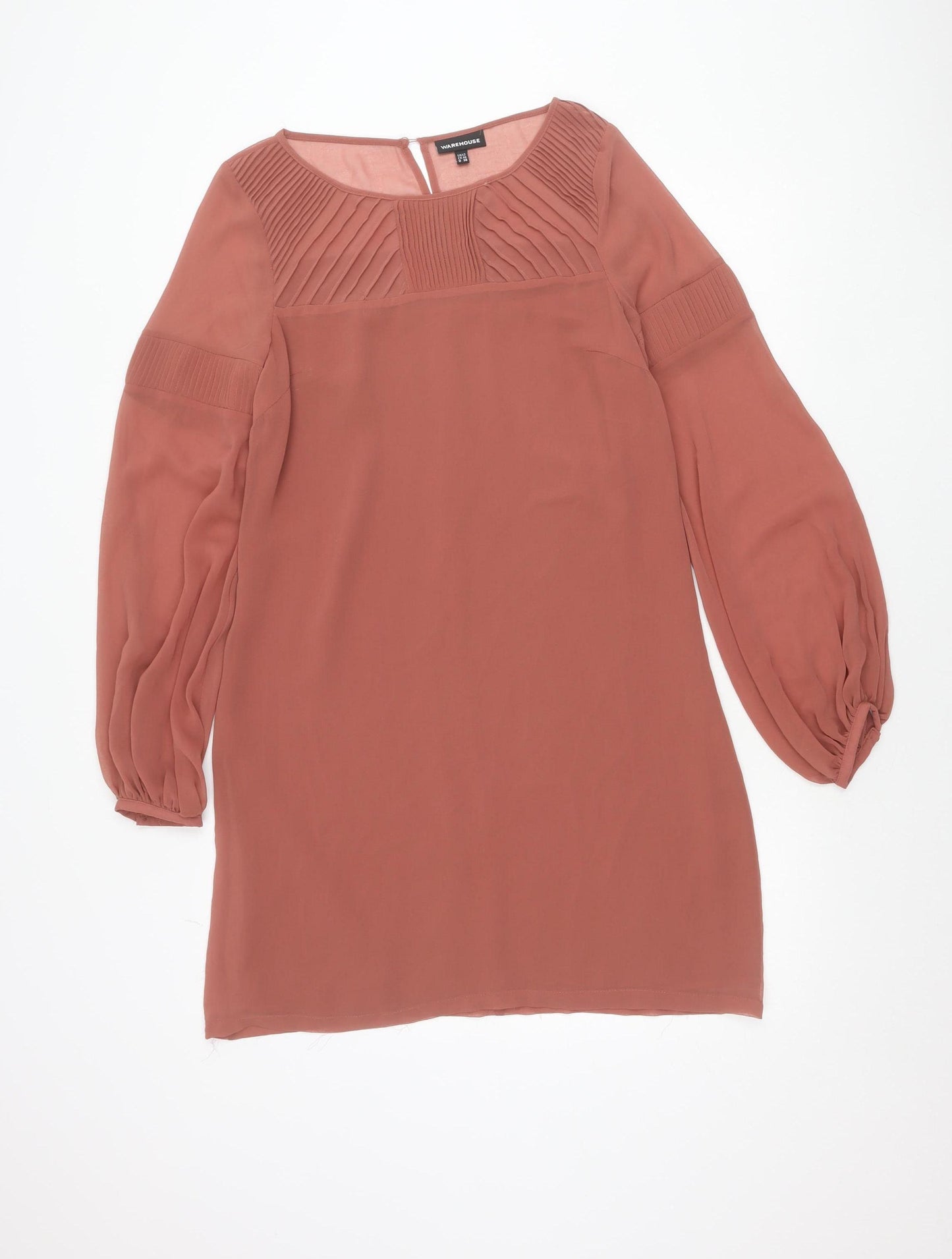 Warehouse Women’s Brown Shift Dress Size 12 Puff Sleeve Pleated