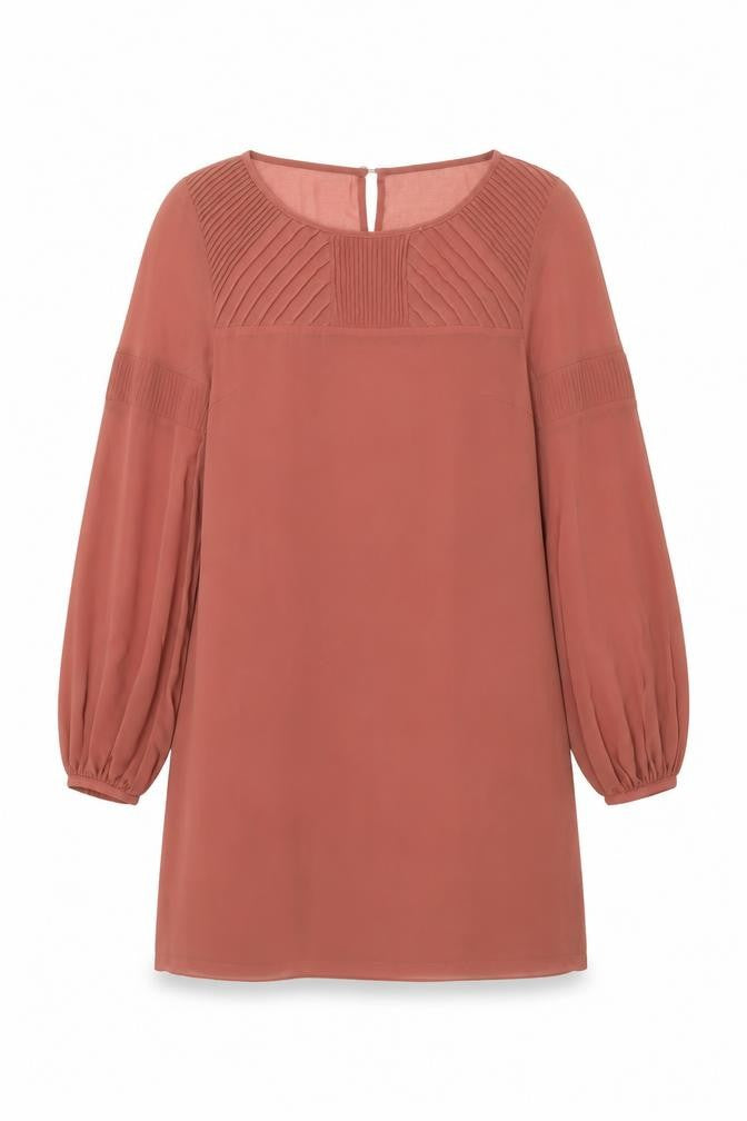 Warehouse Women’s Brown Shift Dress Size 12 Puff Sleeve Pleated