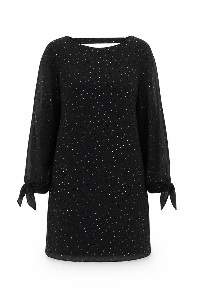 Front view of Next Women Black, size 14, Shift Dress Studded Asymmetric Long Sleeve