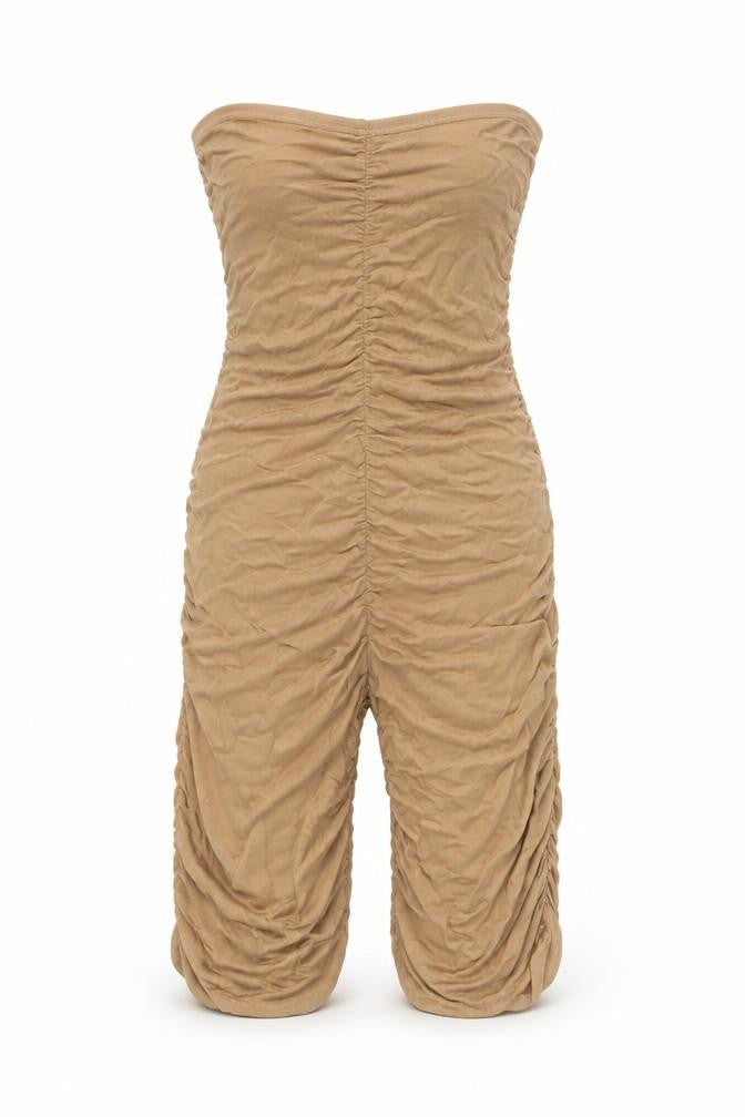 Front view of PRETTYLITTLETHING Women’s Brown Strapless Jersey Jumpsuit, size UK 8