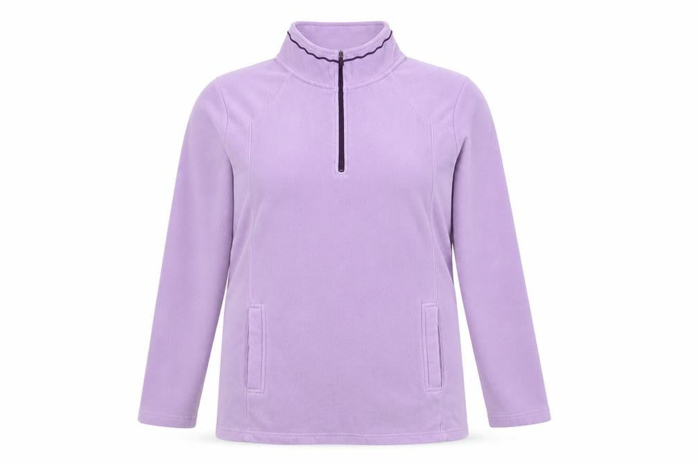 Front view of Bonmarché -Essentials women’s purple fleece sweatshirt, size L, 1/4 zip pullover