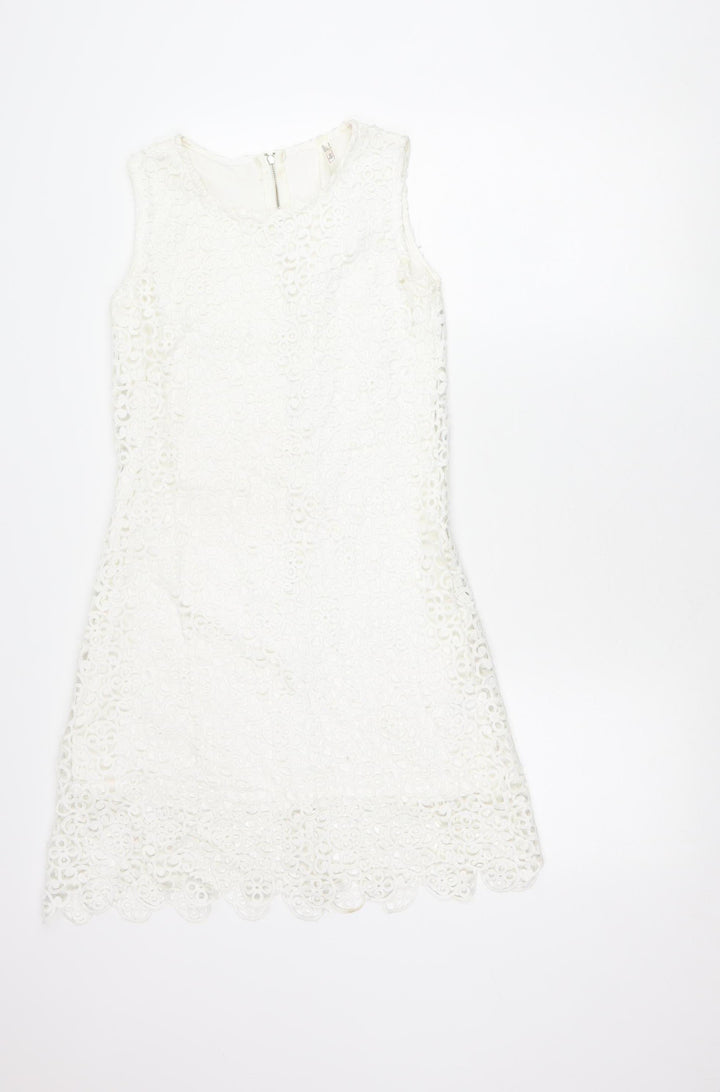 Quiz Women’s White Lace Sheath Knee Length Dress Size 8 Sleeveless