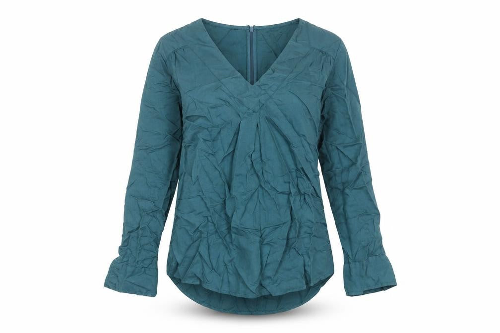 Front view of Mudd & Water women’s blue lyocell blouse tunic, size UK 8, v-neck long sleeve