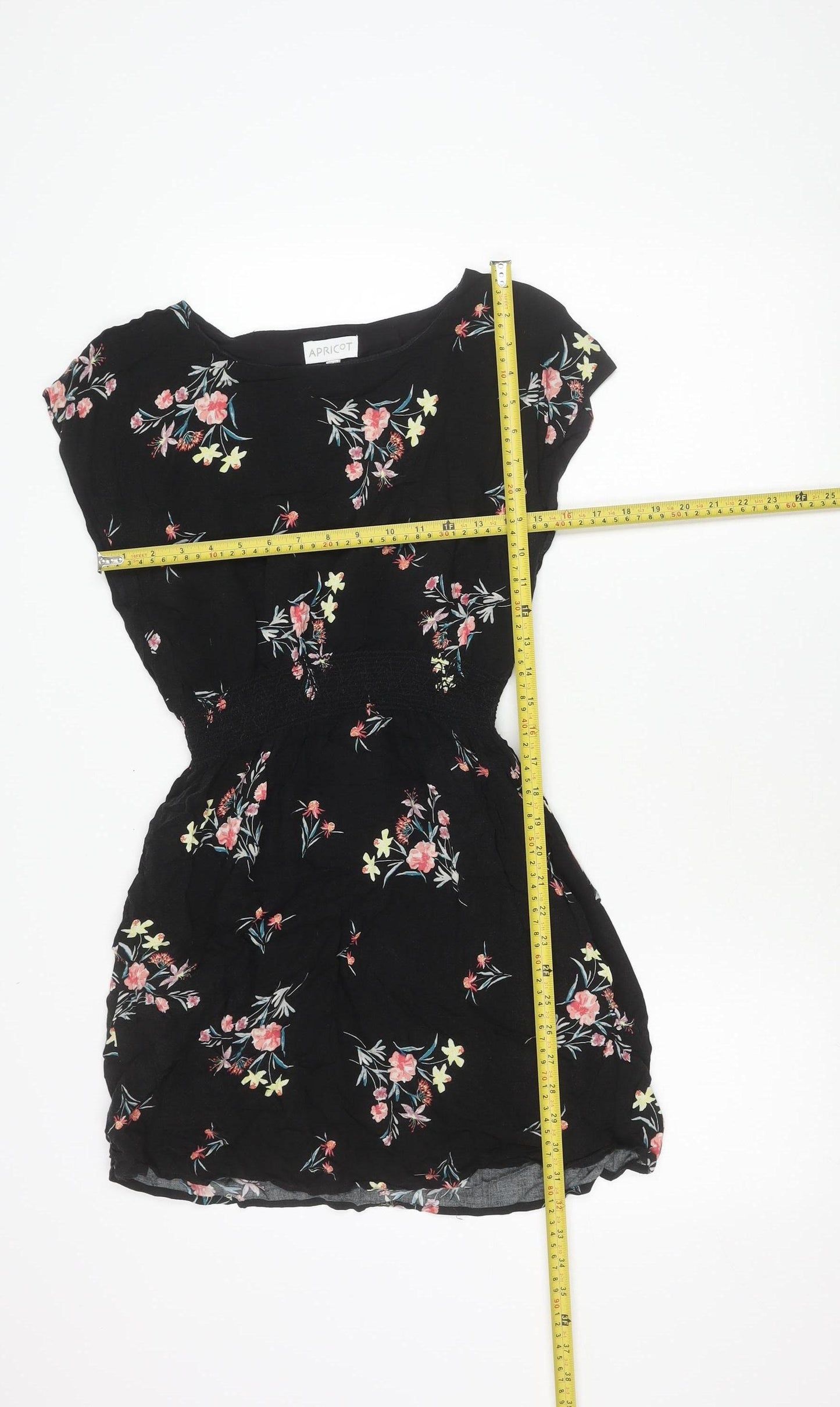 Apricot Womens Black Floral A-Line Short Dress UK 10 Scoop Neck