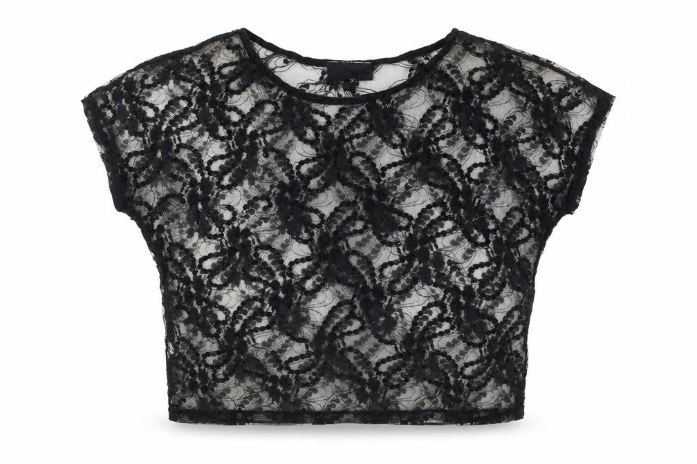 Front view of Warehouse women’s black lace beaded crop blouse, size UK 8