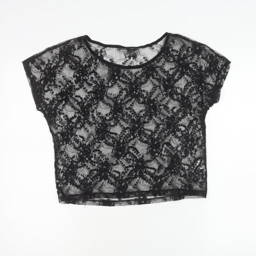 Warehouse Womens Black Lace Beaded Crop Blouse Size 8