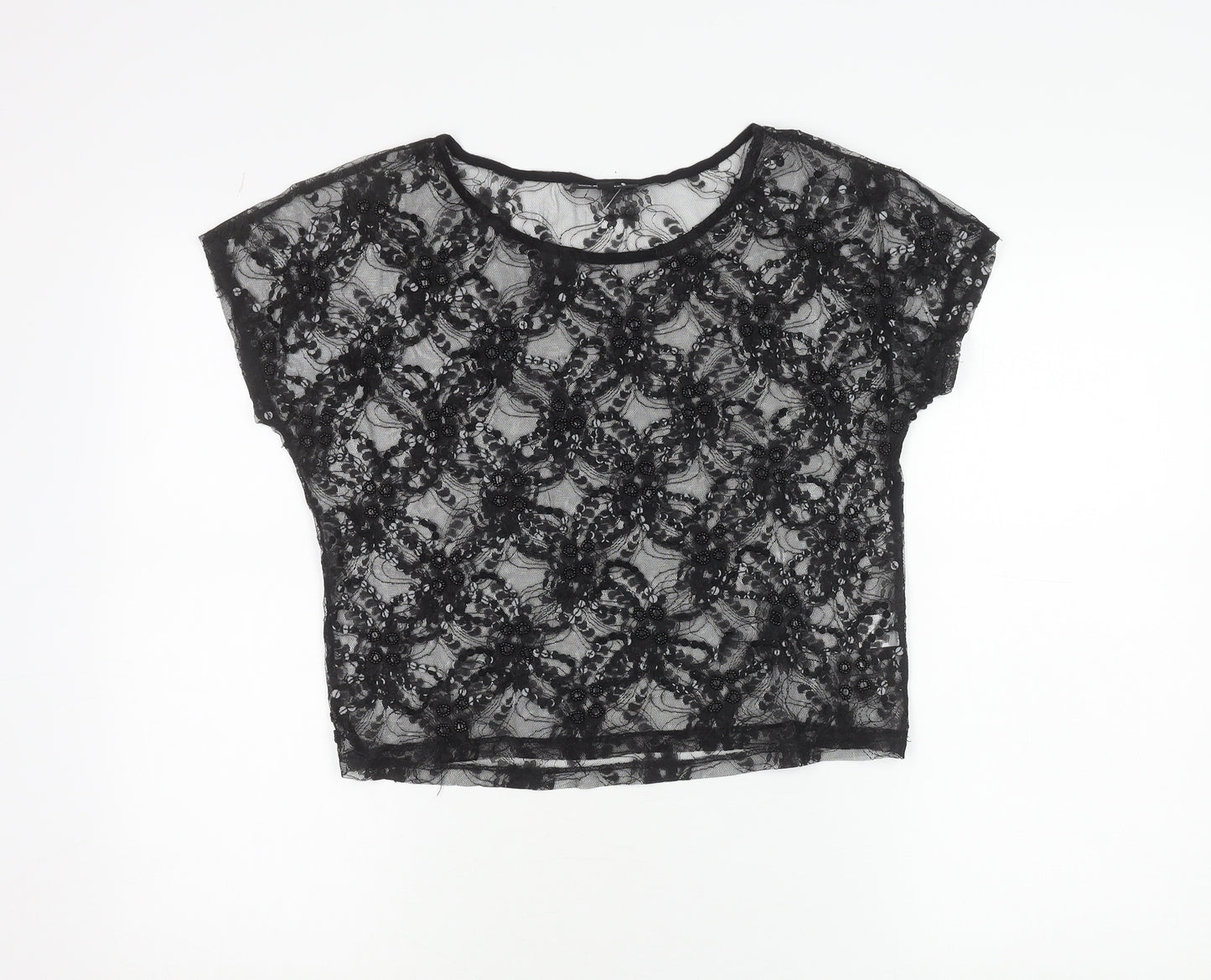 Warehouse Womens Black Lace Beaded Crop Blouse Size 8