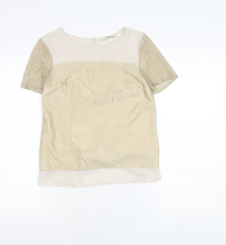 Oasis Womens Beige Blouse XS Short Sleeve Round Neck Workwear Top