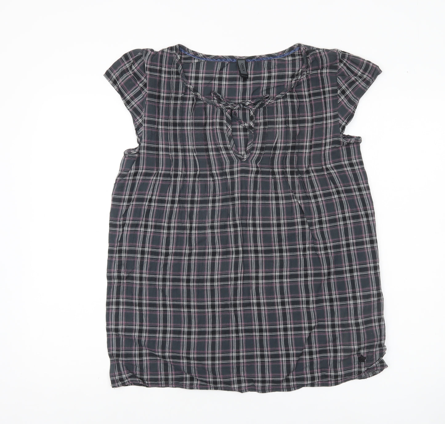 ONLY Womens Multicoloured Plaid Tunic Blouse Size M Short Sleeve Cotton