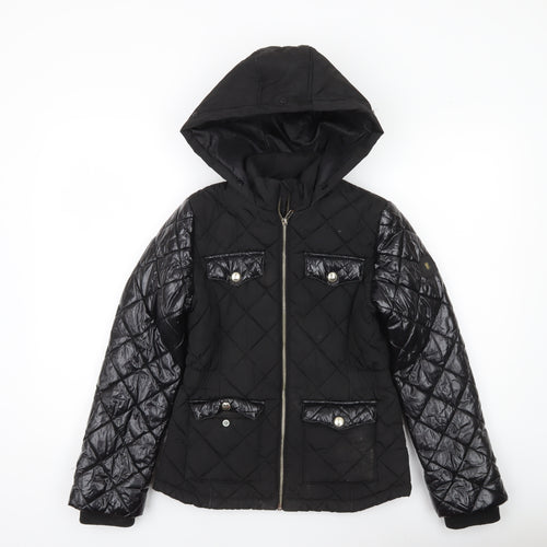 River Island Girls Black Quilted Puffer Jacket 11-12 Years Hooded Zip Winter Coat