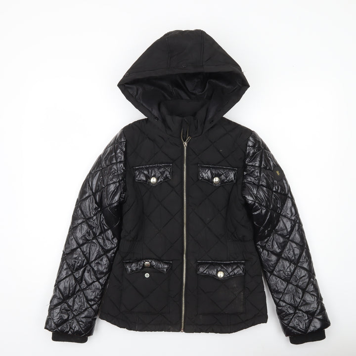 River Island Girls Black Quilted Puffer Jacket 11-12 Years Hooded Zip Winter Coat
