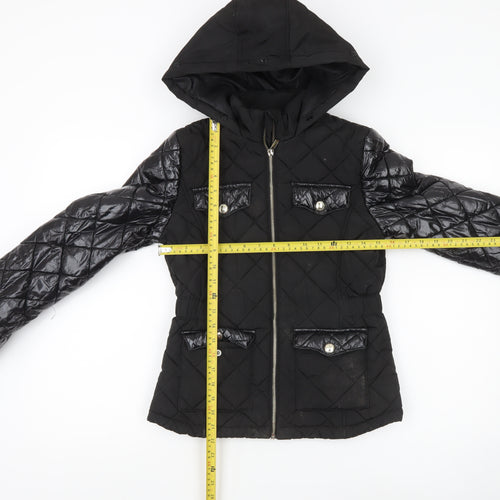 River Island Girls Black Quilted Puffer Jacket 11-12 Years Hooded Zip Winter Coat