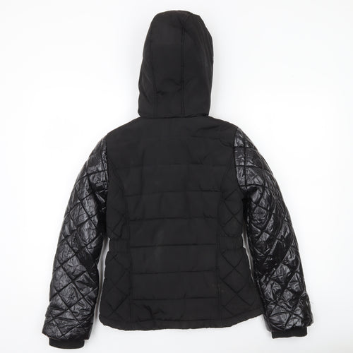 River Island Girls Black Quilted Puffer Jacket 11-12 Years Hooded Zip Winter Coat