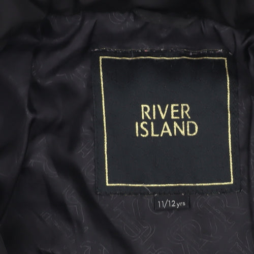 River Island Girls Black Quilted Puffer Jacket 11-12 Years Hooded Zip Winter Coat