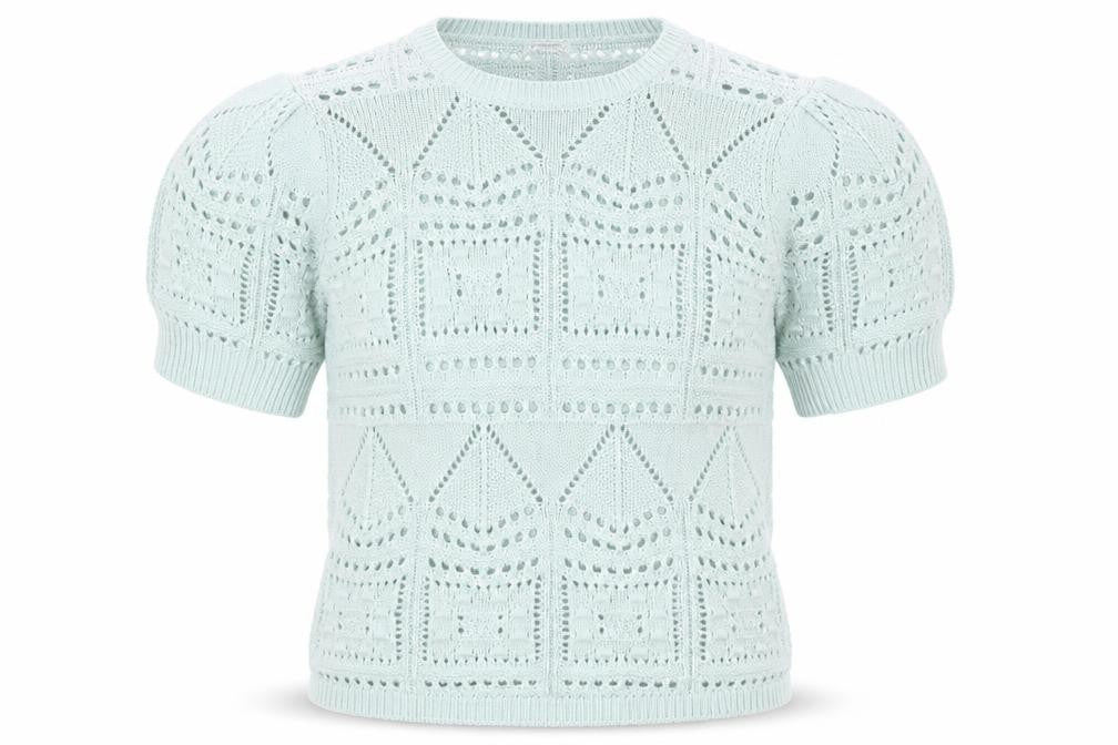 Front view of Damart Women's Green L Pullover Open Knit Short Sleeve Jumper