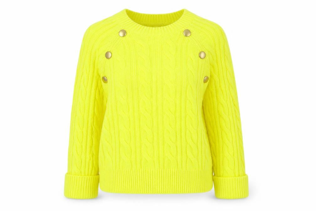 Front view of Next women’s yellow cable knit button jumper, size M