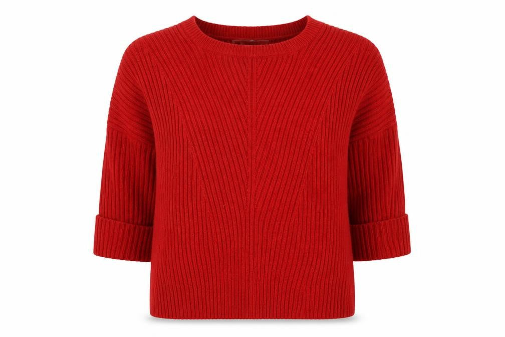 Front view of Zara Women’s Red Ribbed Knit jumper, size UK 12