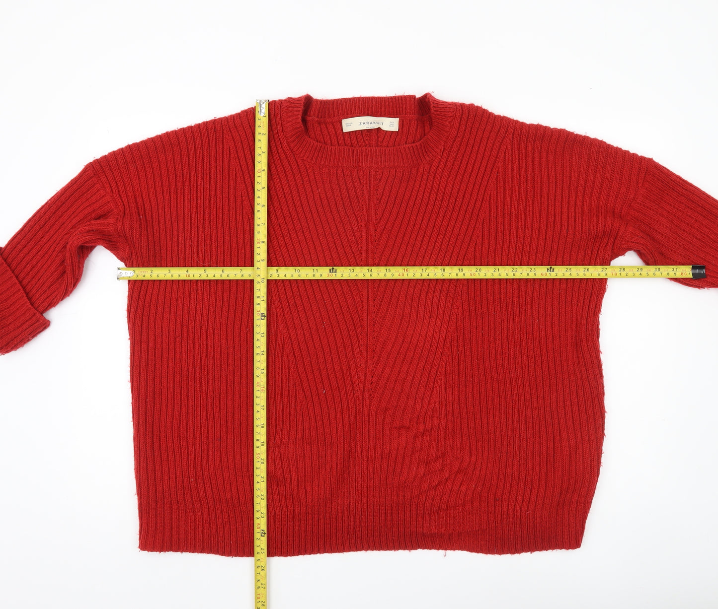 Zara Women’s Red Ribbed Knit Pullover Jumper Size 12
