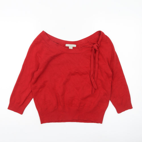 Janeville Women's Red Cotton Blend Pullover Jumper L Boat Neck Bow Detail