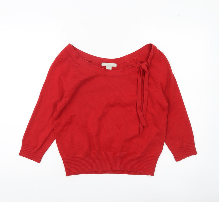 Janeville Women's Red Cotton Blend Pullover Jumper L Boat Neck Bow Detail