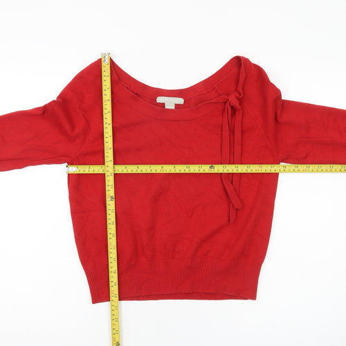 Janeville Women's Red Cotton Blend Pullover Jumper L Boat Neck Bow Detail