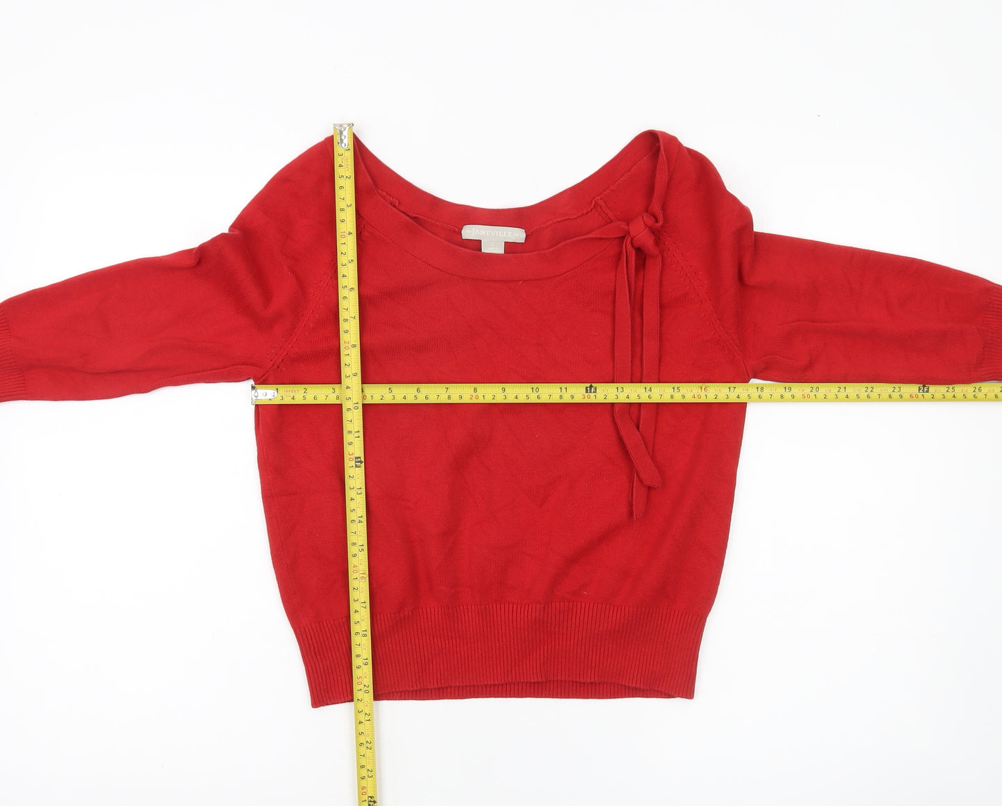 Janeville Women's Red Cotton Blend Pullover Jumper L Boat Neck Bow Detail