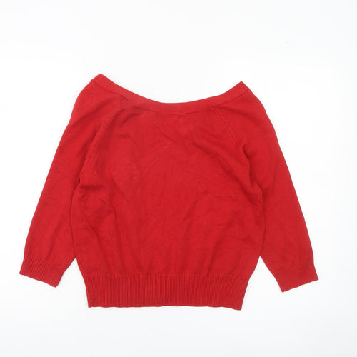 Janeville Women's Red Cotton Blend Pullover Jumper L Boat Neck Bow Detail