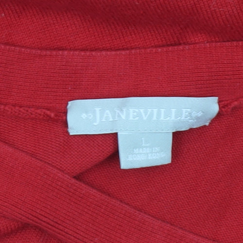 Janeville Women's Red Cotton Blend Pullover Jumper L Boat Neck Bow Detail
