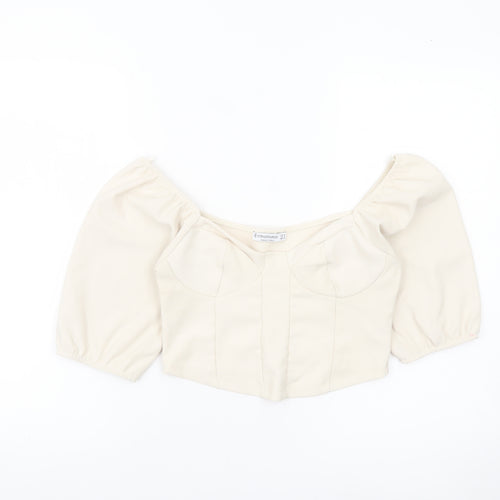 Stradivarius Women Ivory Cropped Blouse Size 12 Puff Sleeve Square Neck