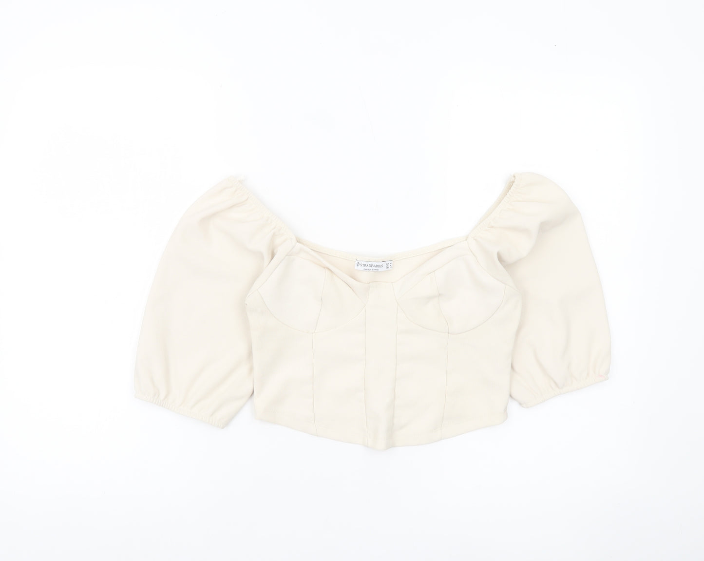 Stradivarius Women Ivory Cropped Blouse Size 12 Puff Sleeve Square Neck