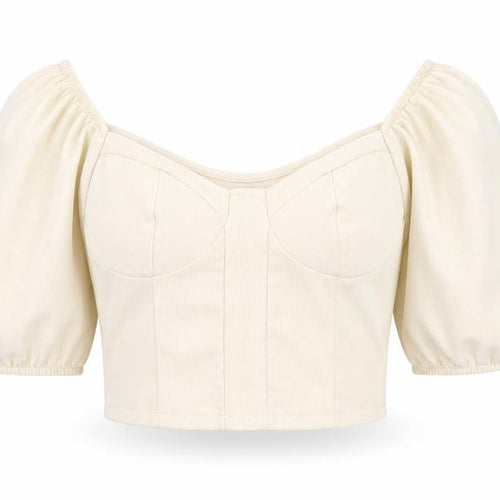 Stradivarius Women Ivory Cropped Blouse Size 12 Puff Sleeve Square Neck