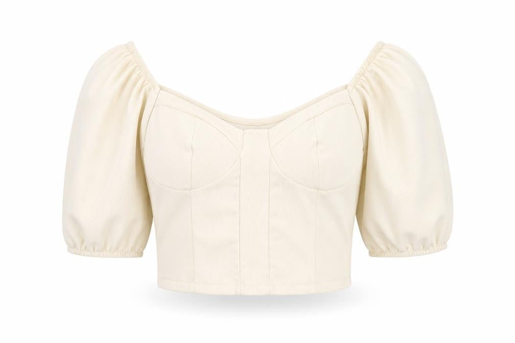 Stradivarius Women Ivory Cropped Blouse Size 12 Puff Sleeve Square Neck