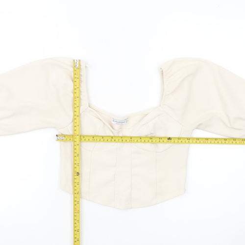 Stradivarius Women Ivory Cropped Blouse Size 12 Puff Sleeve Square Neck