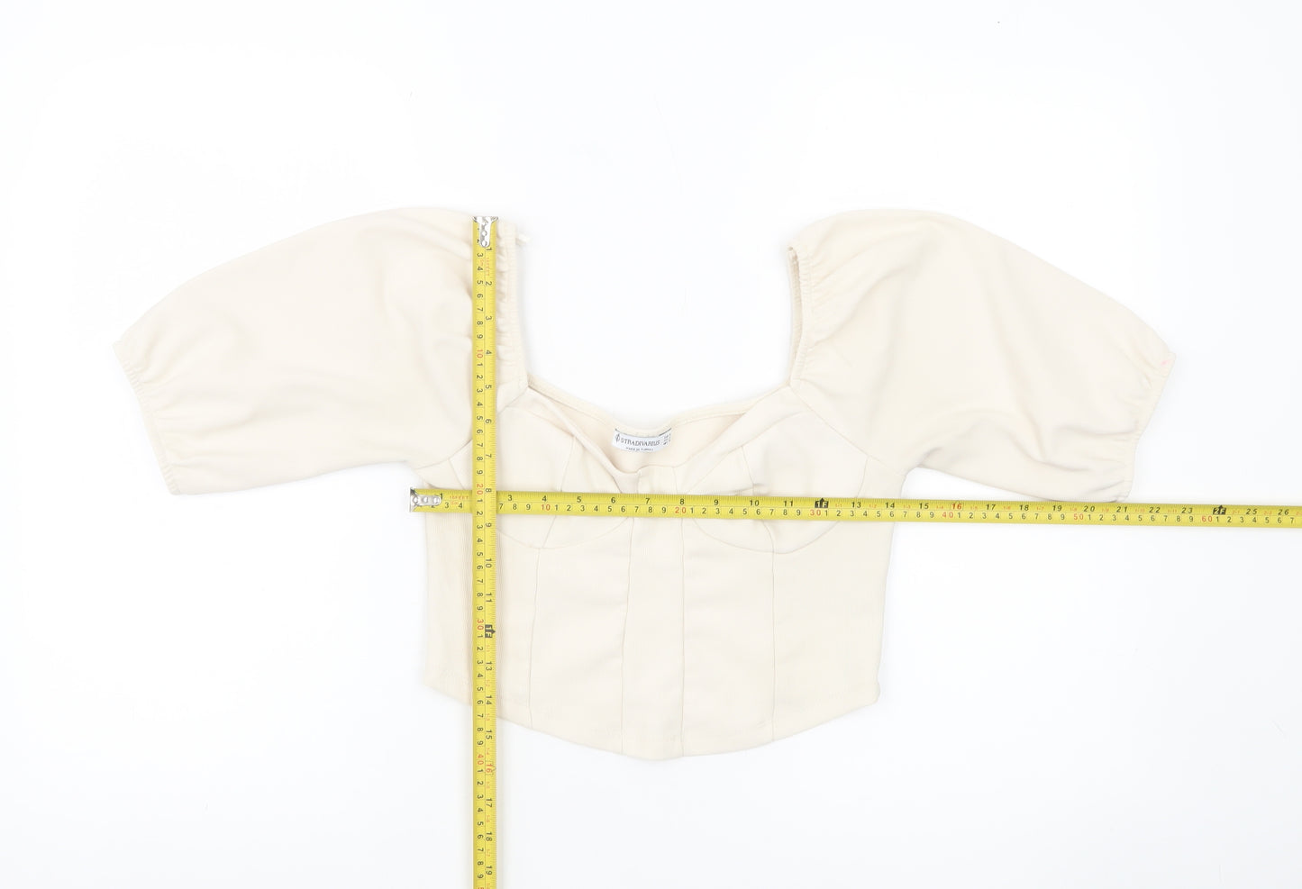 Stradivarius Women Ivory Cropped Blouse Size 12 Puff Sleeve Square Neck