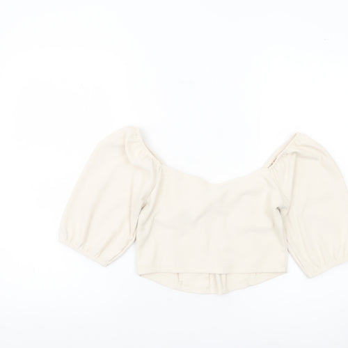 Stradivarius Women Ivory Cropped Blouse Size 12 Puff Sleeve Square Neck
