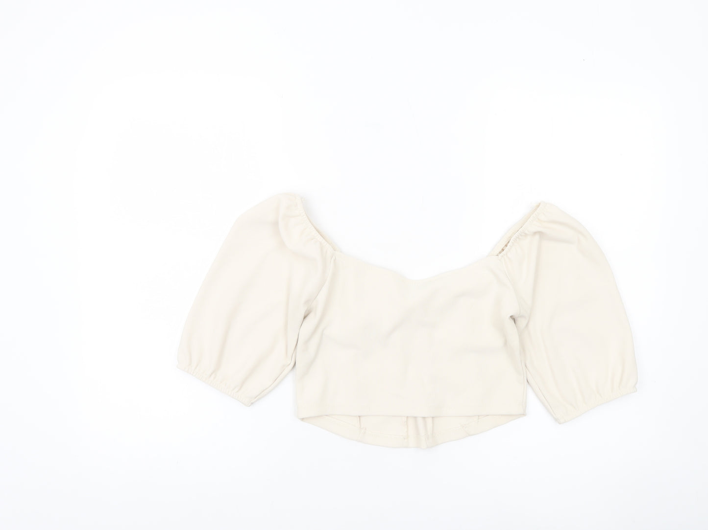 Stradivarius Women Ivory Cropped Blouse Size 12 Puff Sleeve Square Neck