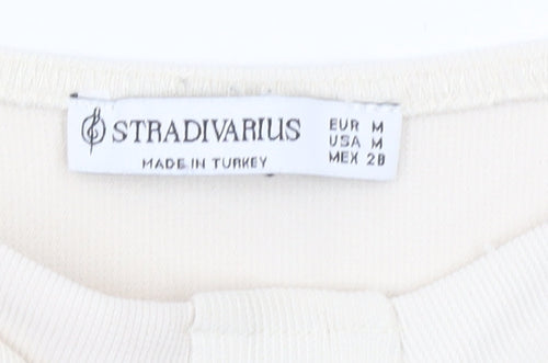 Stradivarius Women Ivory Cropped Blouse Size 12 Puff Sleeve Square Neck