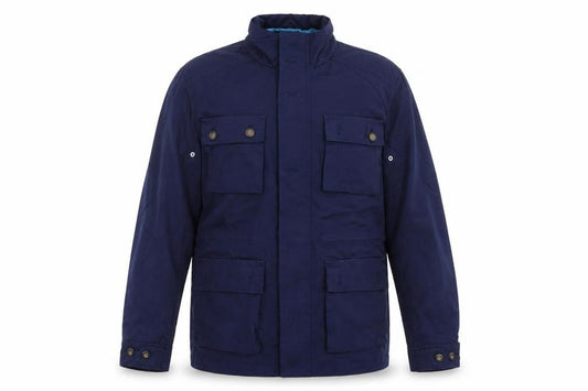 Front view of H&M Men’s Blue Military Jacket, size 38, Cotton Blend Mid-Length