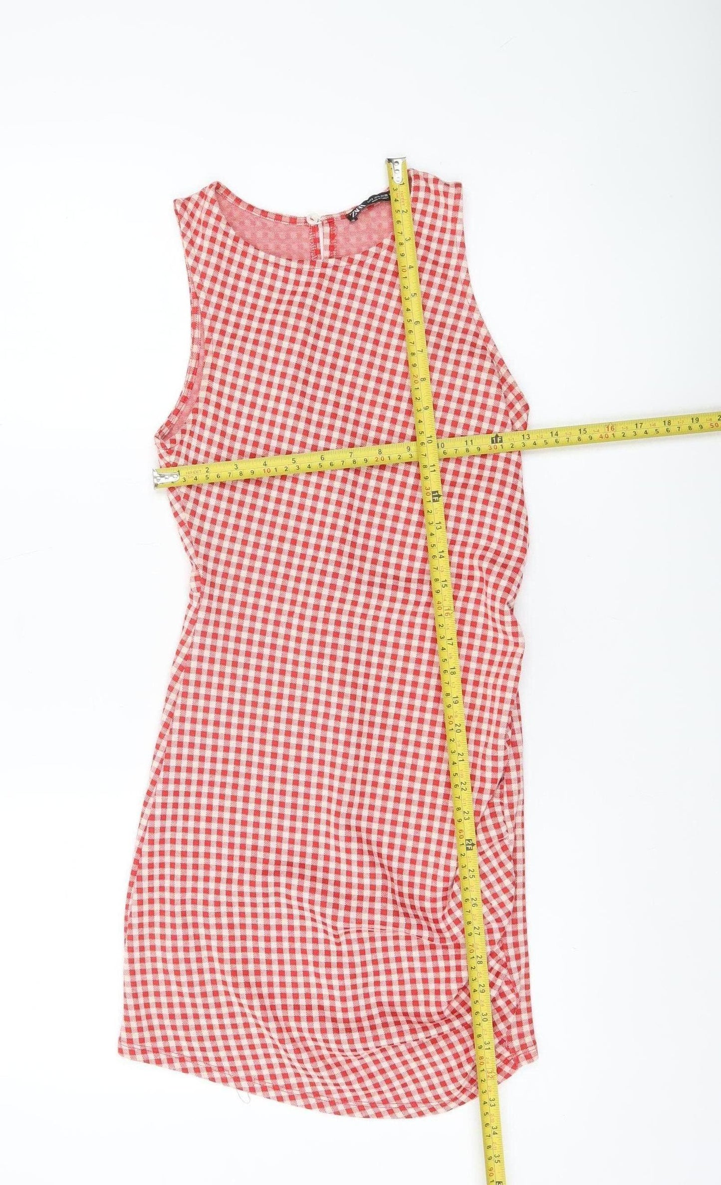 Zara Women Red Check Sleeveless Bodycon Dress Size S