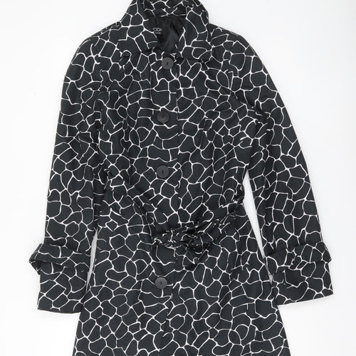 George Women’s Black Animal Print Trench Coat UK 10 Belted Mid-Length
