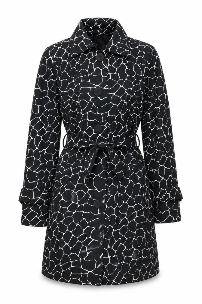 George Women’s Black Animal Print Trench Coat UK 10 Belted Mid-Length