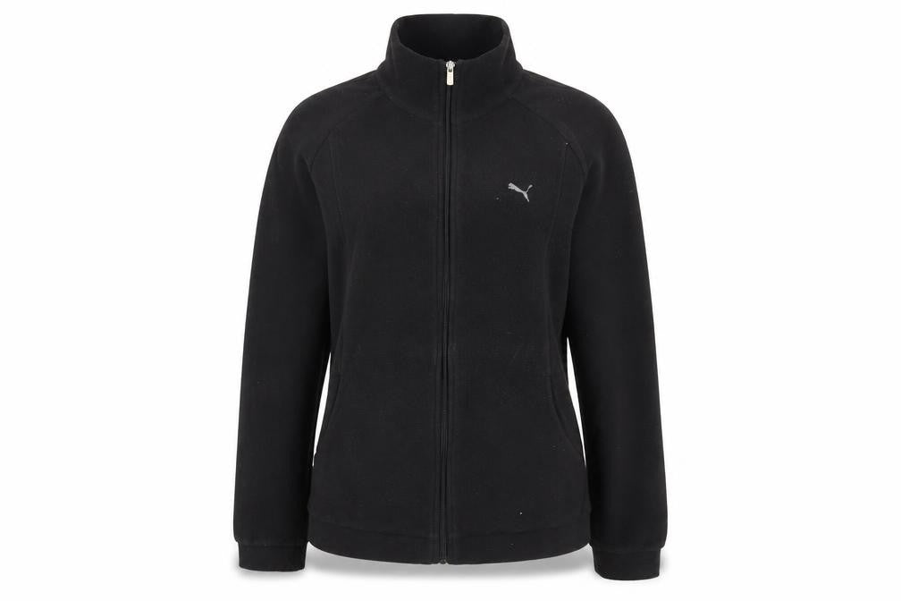 Front view of Puma women’s black fleece full zip jacket, size UK 12, regular fit