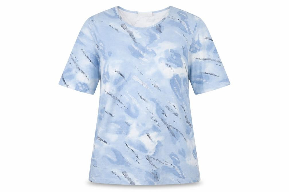 Front view of Marc Cain women’s blue abstract print viscose t-shirt, size UK 12