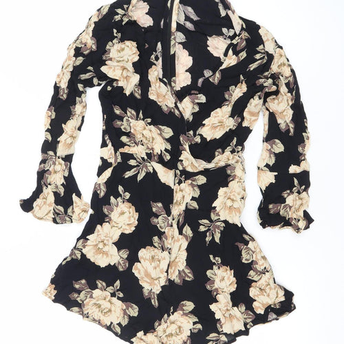 Topshop Womens Black Floral Viscose Long Sleeve Playsuit UK 8