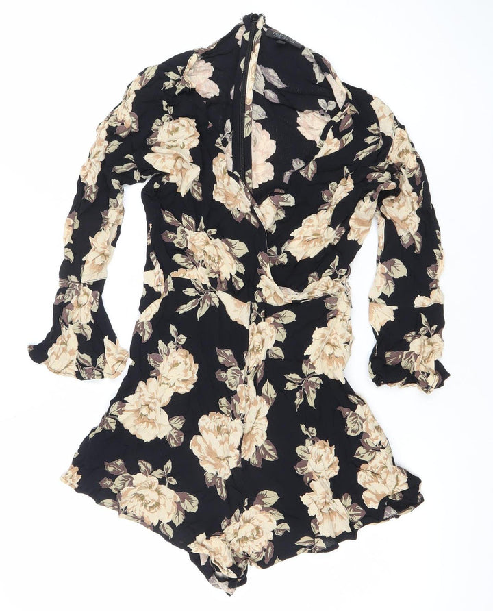 Topshop Womens Black Floral Viscose Long Sleeve Playsuit UK 8